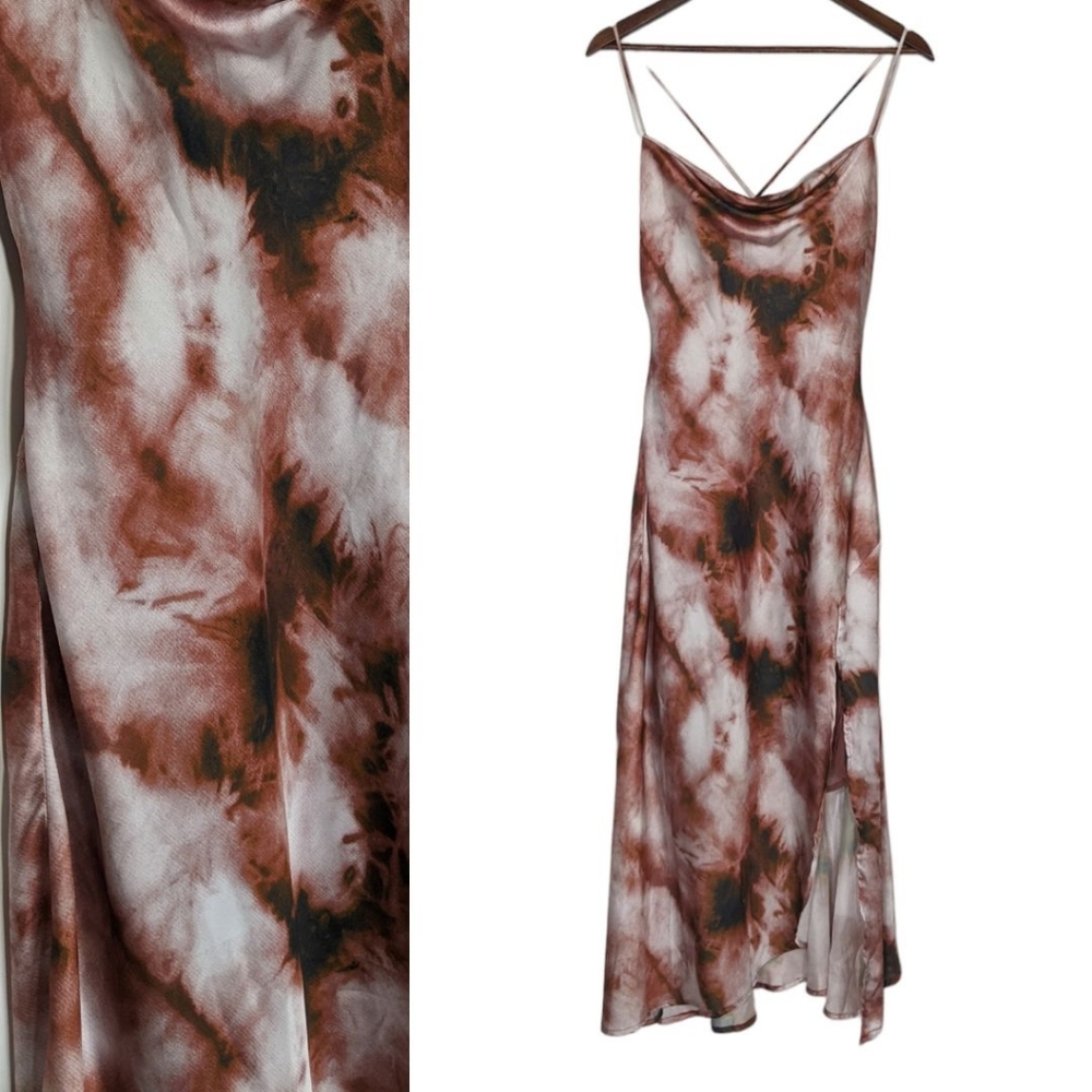 Astr Tie-Dye Midi Slip Dress in Brown and White